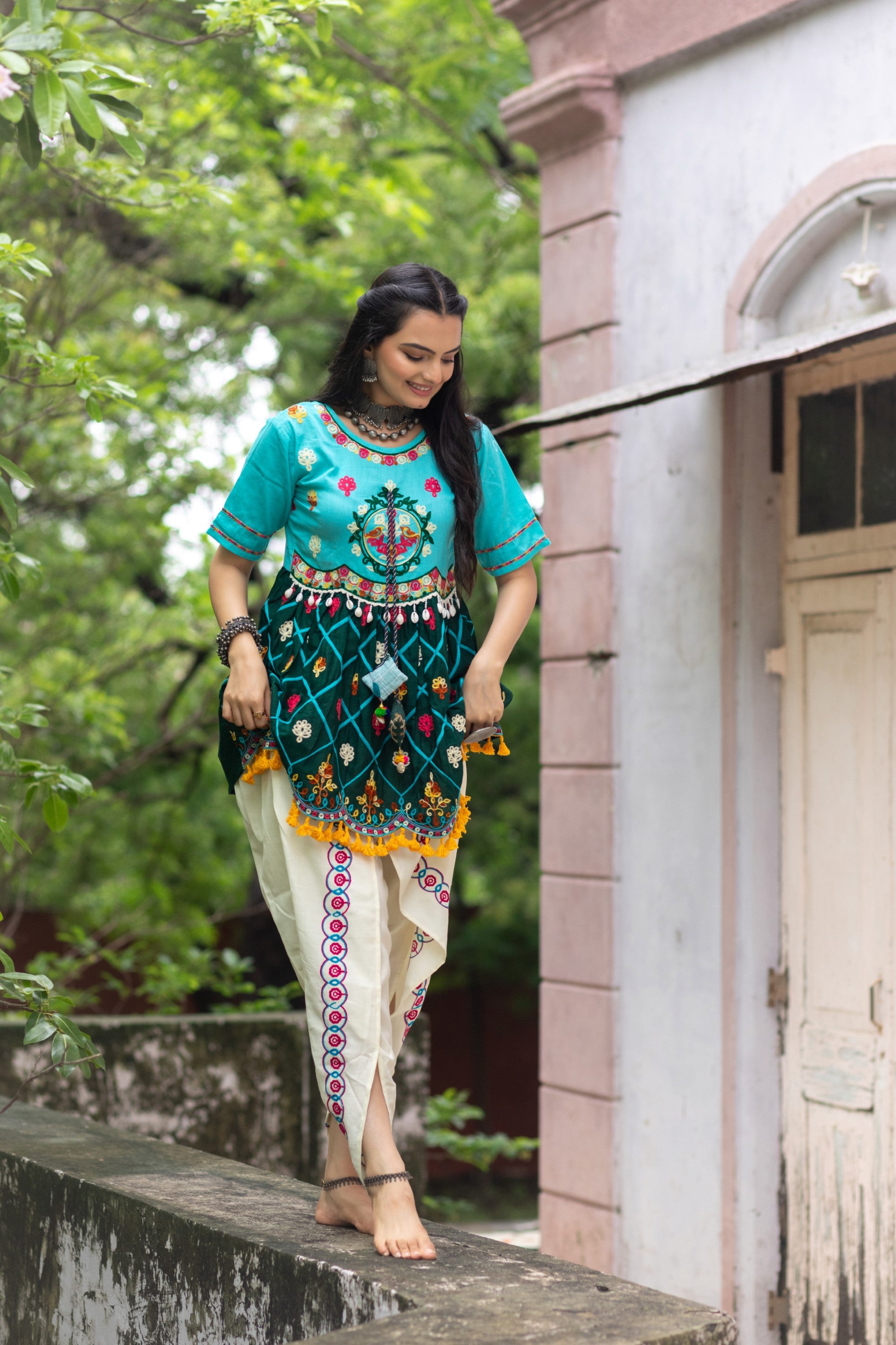 Women's Deep Green And Sky Embroiderd Kedia With Off-White Tulip Pant - Mesmora Fashion