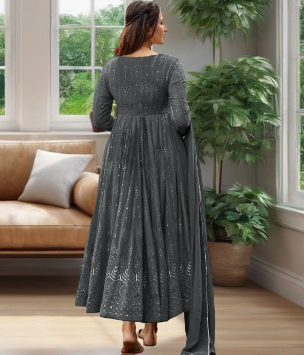 Women's Grey Fully Stiched Georgette Embroidered Anarkali Gown