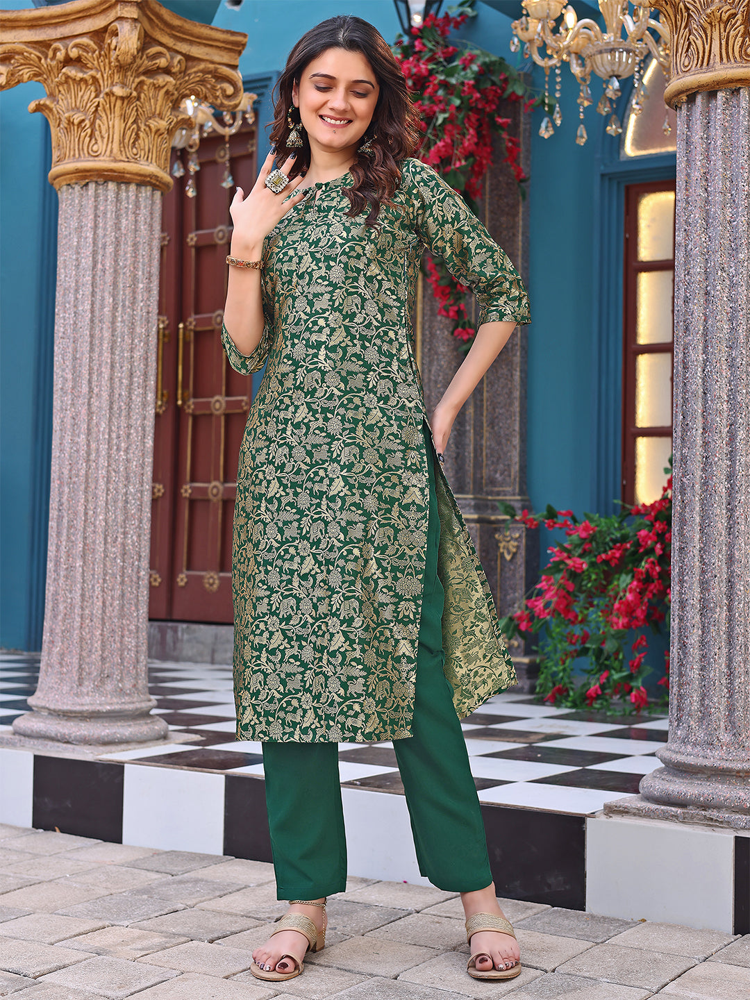 Women's Green Art Silk Woven Straight Kurta Set - Malishka Export