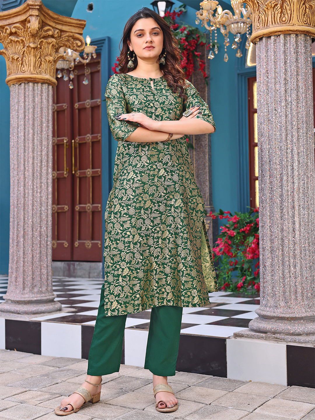 Women's Green Art Silk Woven Straight Kurta Set - Malishka Export