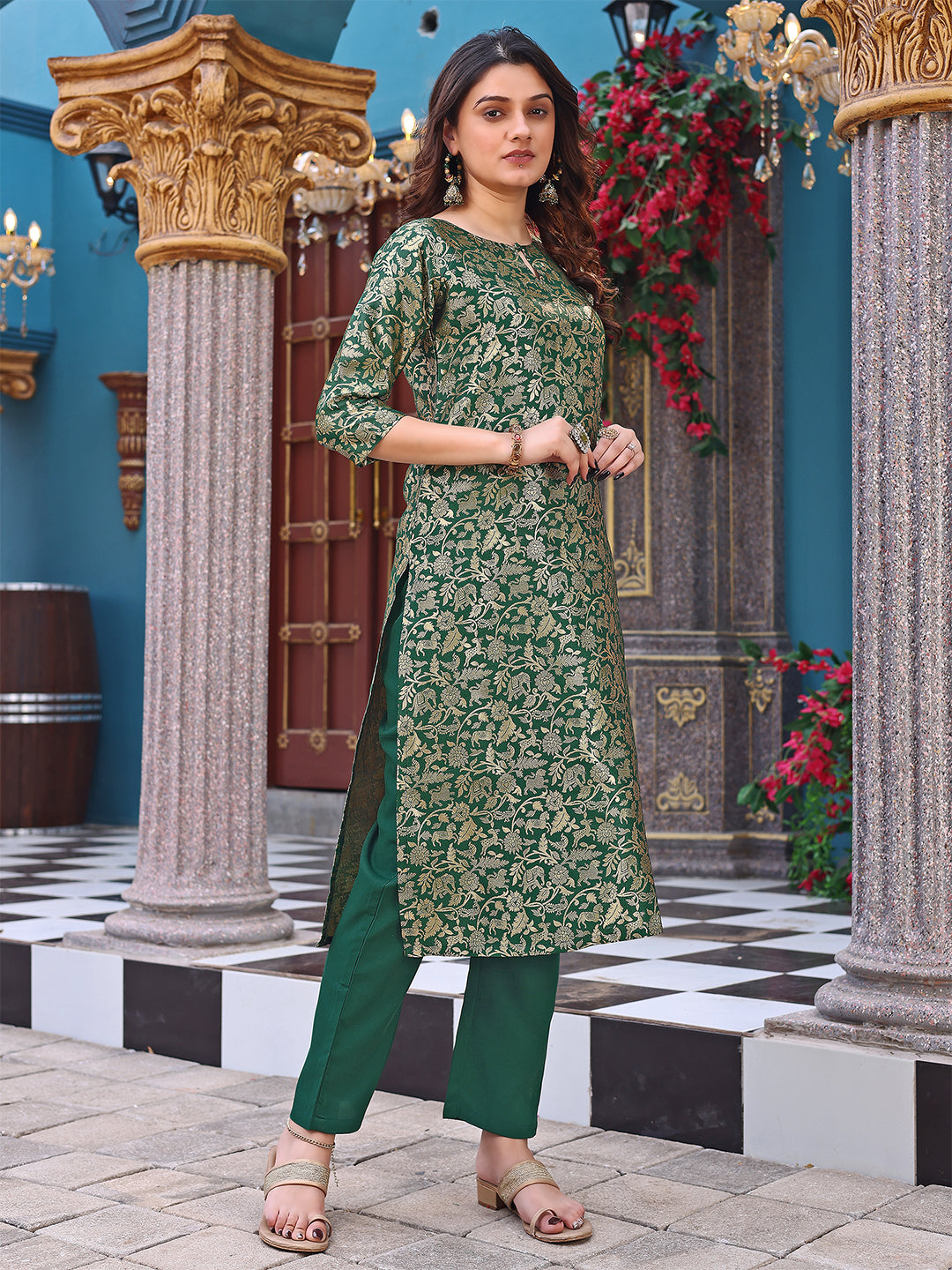 Women's Green Art Silk Woven Straight Kurta Set - Malishka Export