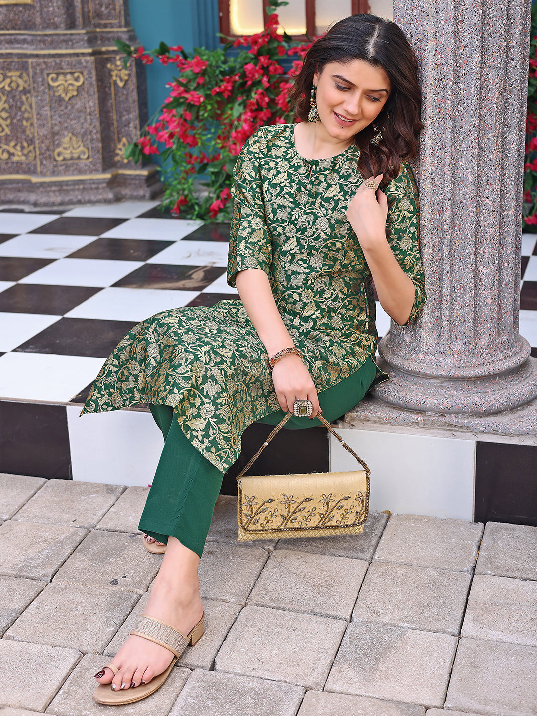Women's Green Art Silk Woven Straight Kurta Set - Malishka Export