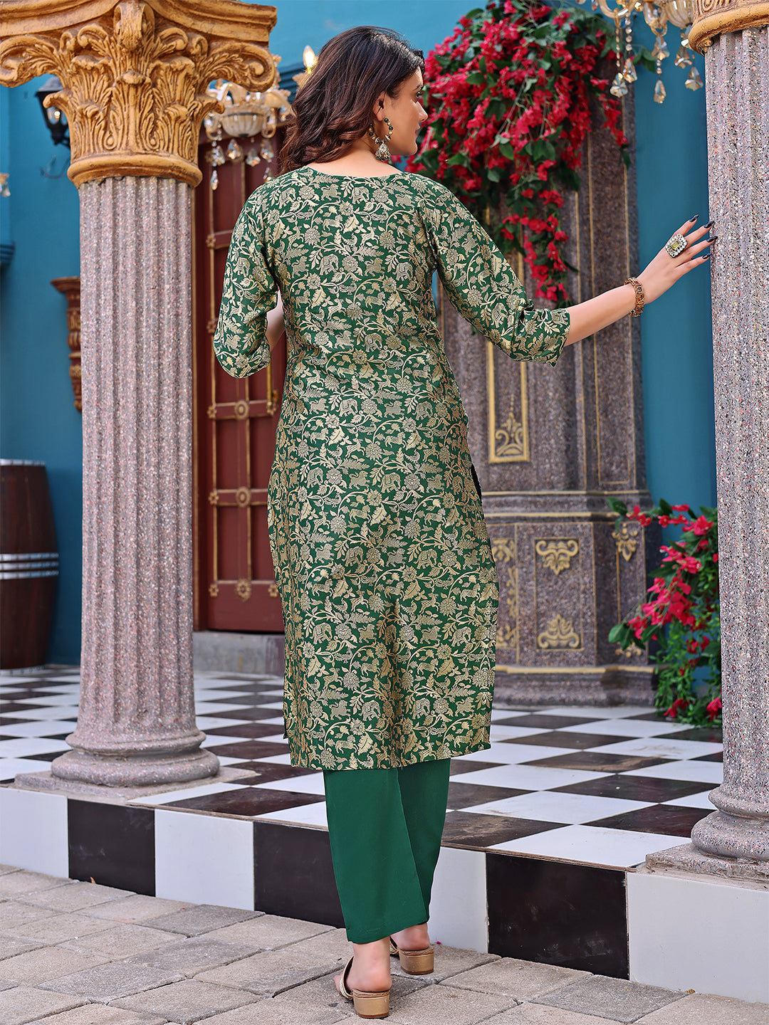 Women's Green Art Silk Woven Straight Kurta Set - Malishka Export