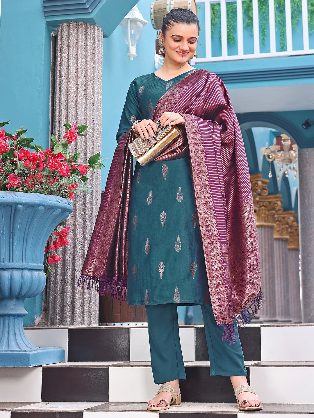 Women's Blue Silk Woven Straight Kurta Pant With Dupatta - Malishka Export