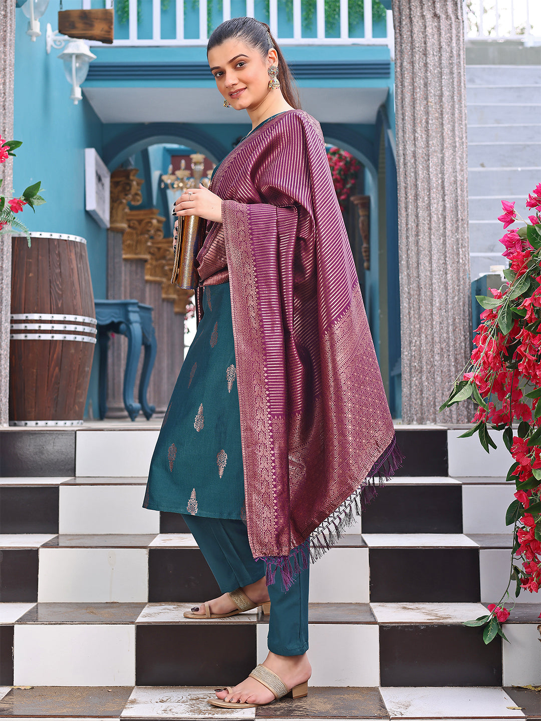 Women's Blue Silk Woven Straight Kurta Pant With Dupatta - Malishka Export