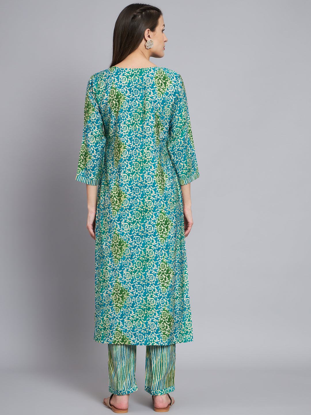 Women's Blue & Green Printed Handwork Kurta With Trouser - Mesmora Fashion