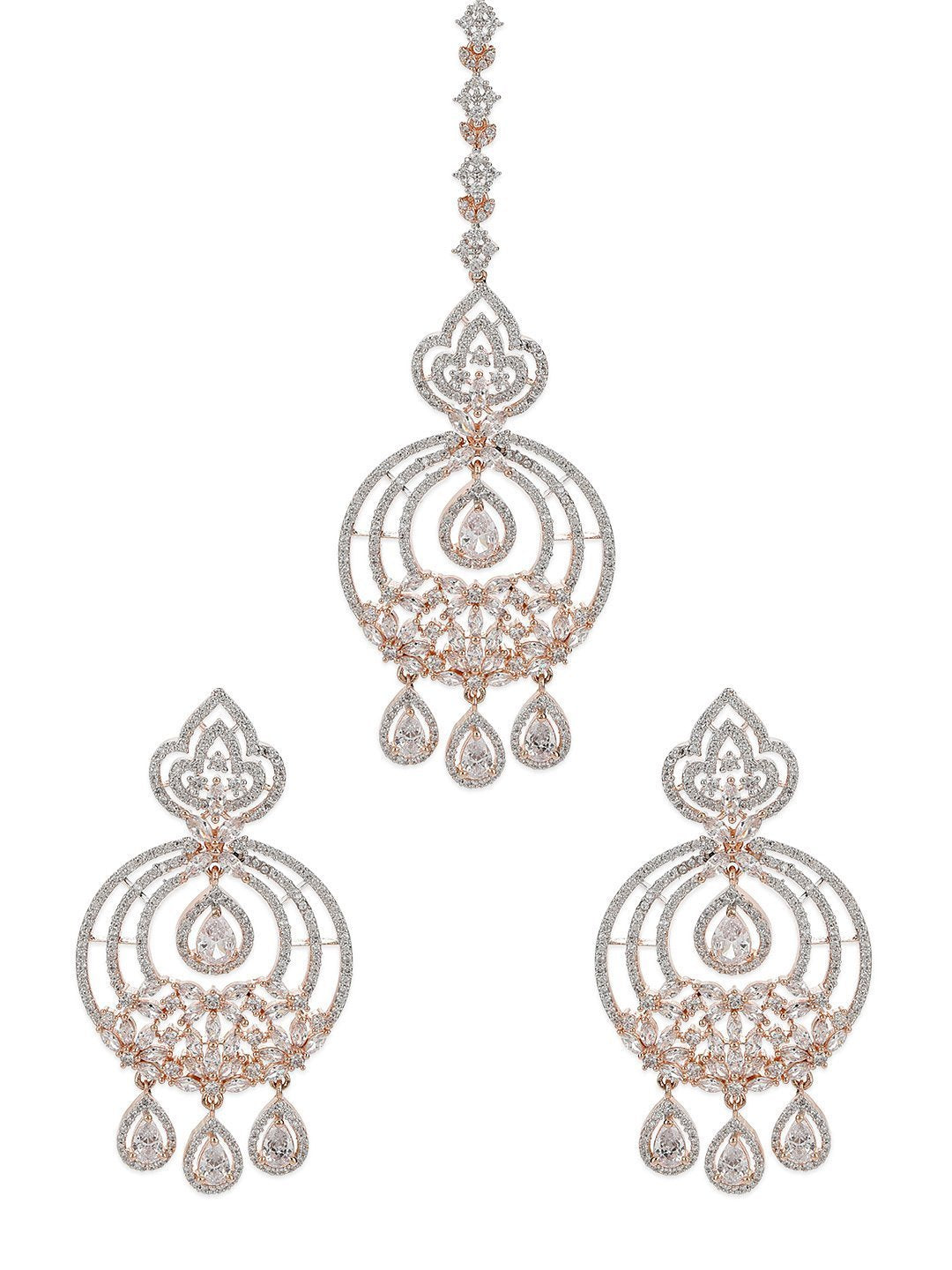 Women's Rose Gold-Plated American Diamond Studded Chandbali style MaangTikka And Earrings Set