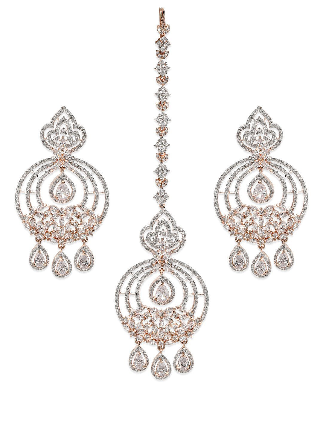 Women's Rose Gold-Plated American Diamond Studded Chandbali style MaangTikka And Earrings Set