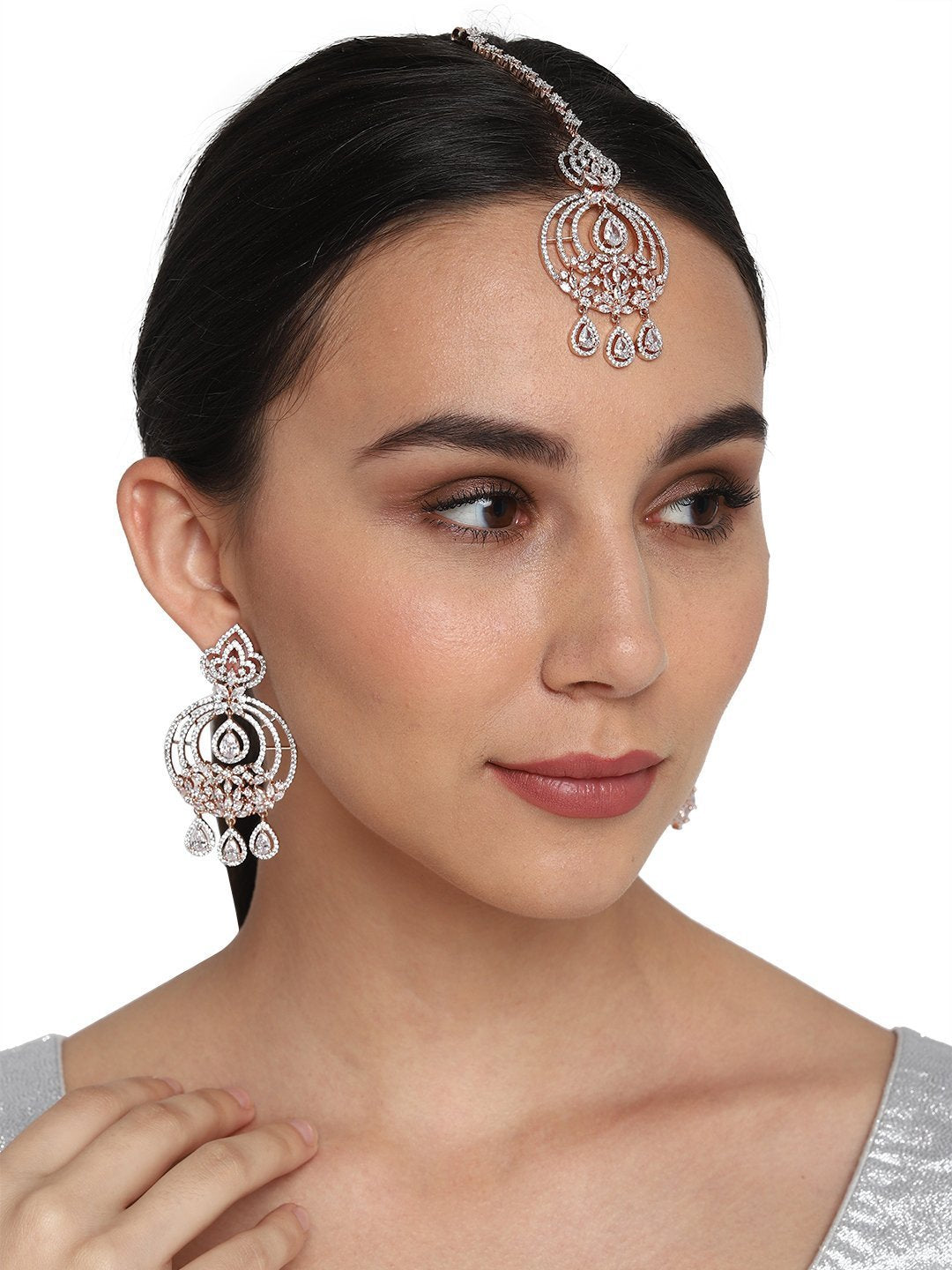 Women's Rose Gold-Plated American Diamond Studded Chandbali style MaangTikka And Earrings Set