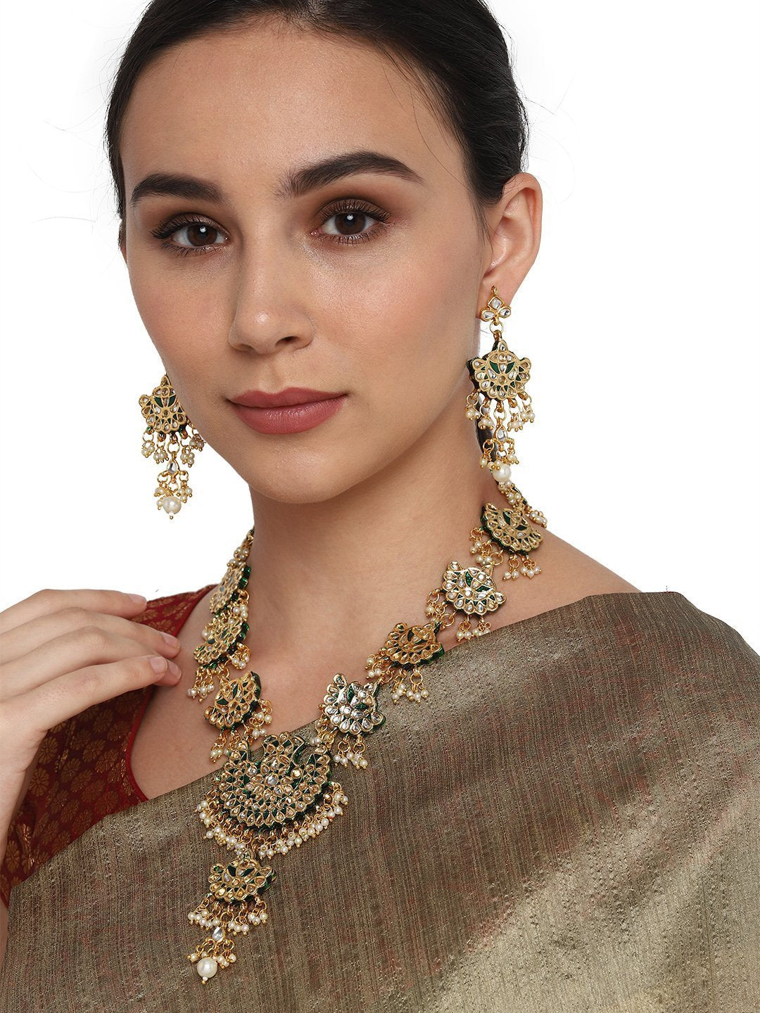 Women's Green Beads Kundan Gold Plated Jewellery Set