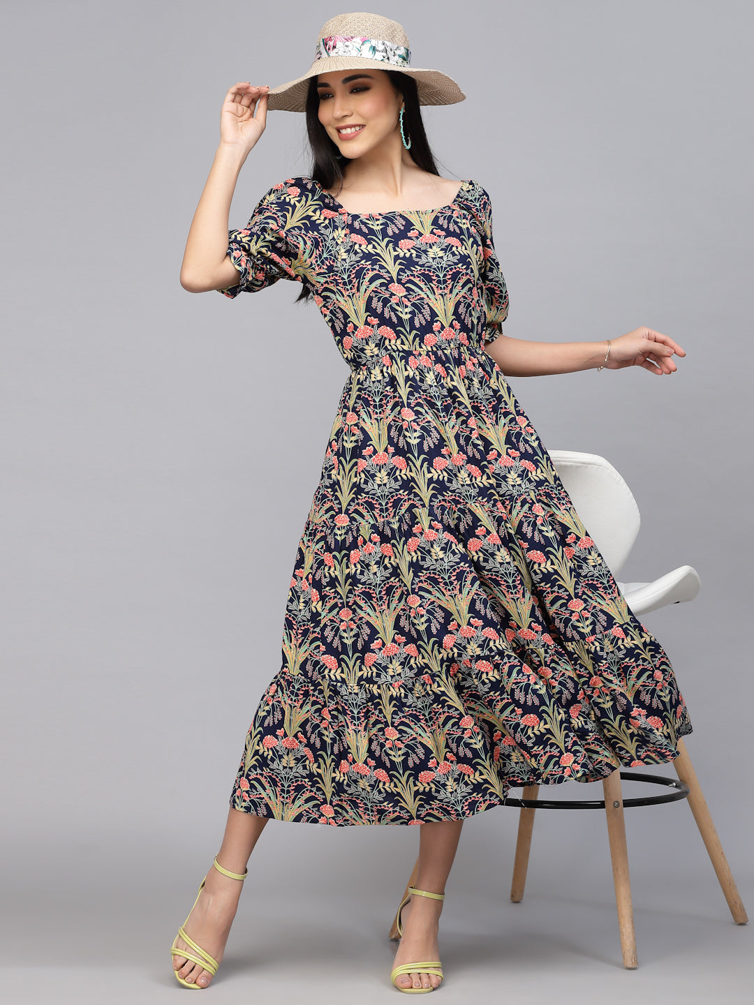 Women's Rayon Floral Print Fit & Flare Dress BLUE / M | Trendia Global Women's Rayon Floral Print Fit & Flare Dress BLUE / M | Trendia Global