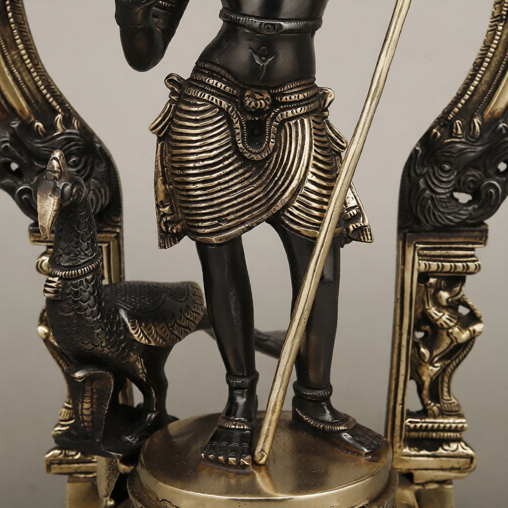 Brass Kartik Standing With Peacock in Prabhavali Frame, Deep Black Finish with Golden Accent 16.5"