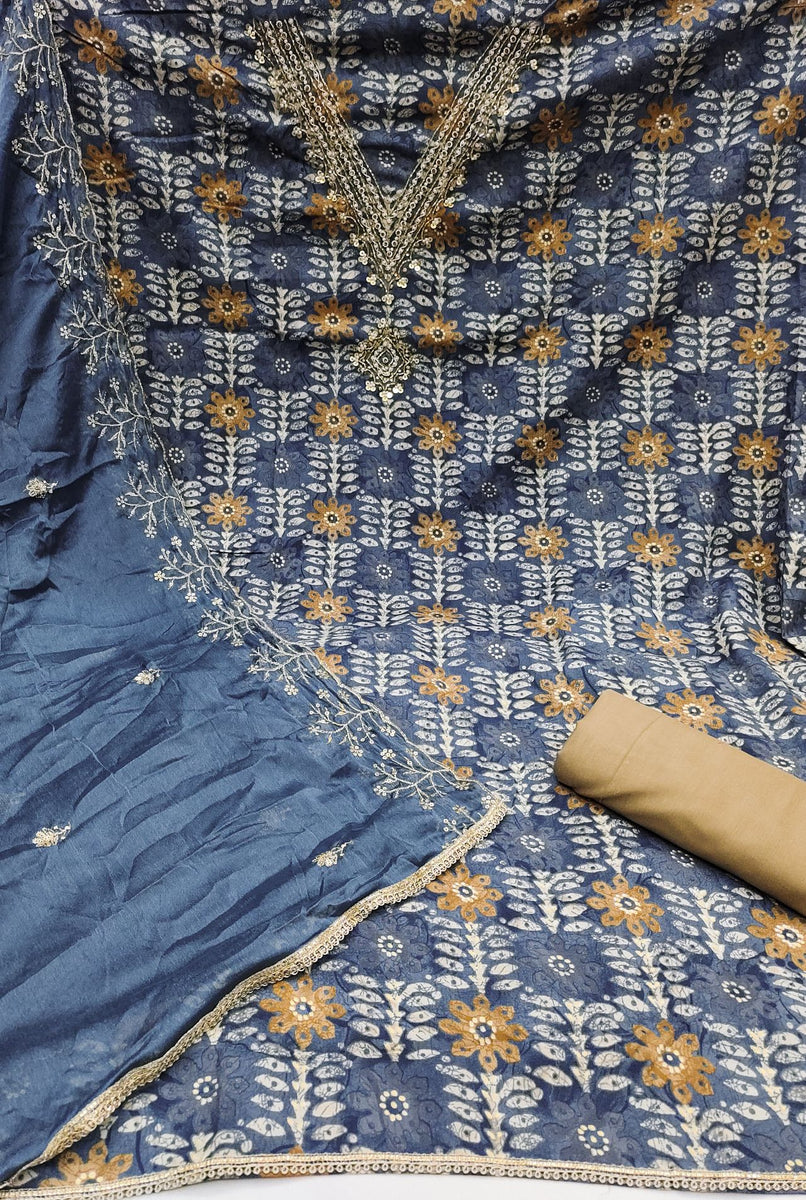 Shape Handwork Women's Teal Jaam Print Handwork With Embroidery Worked V Shape Kurta ...