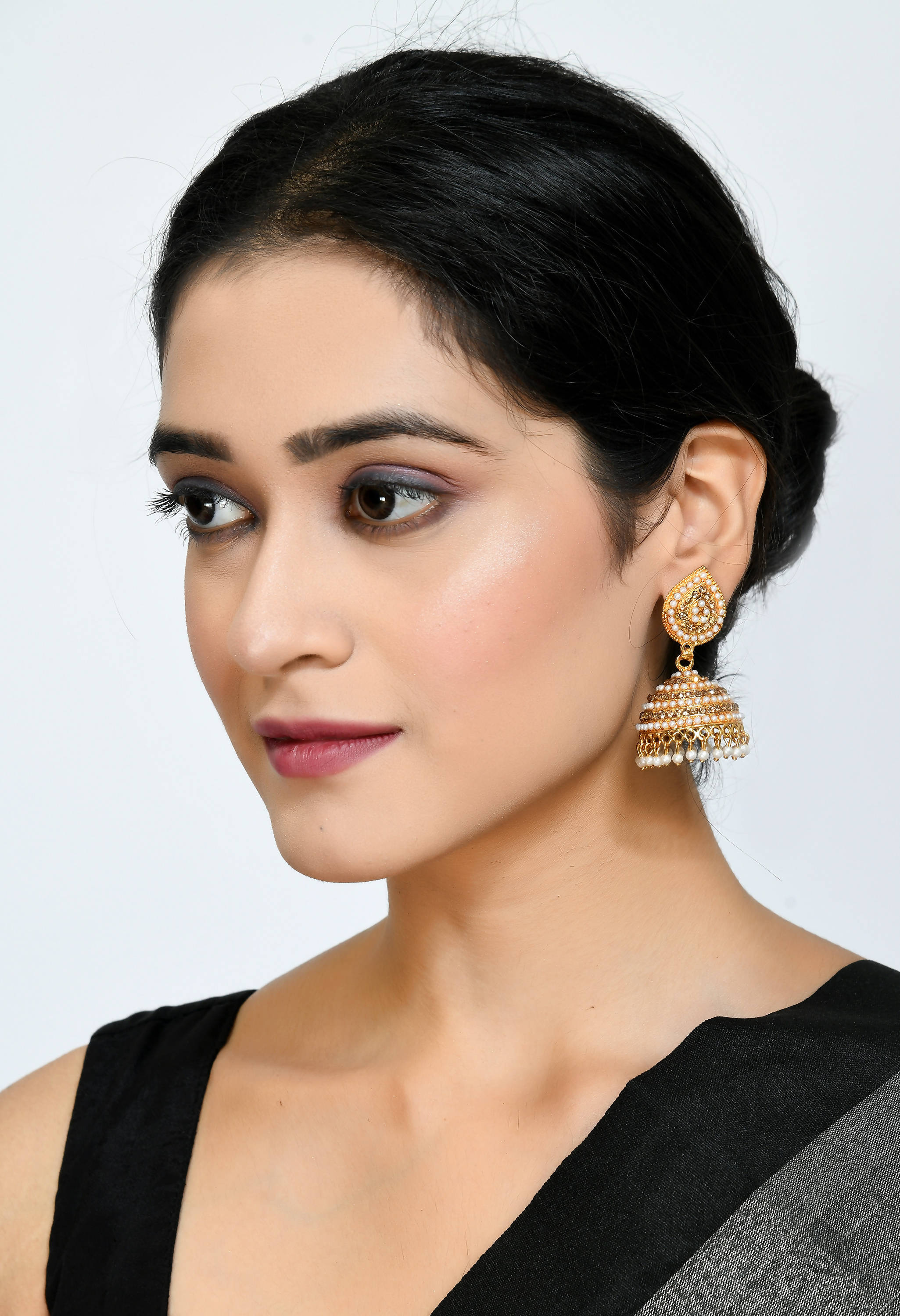 Johar Kamal Traditional leaf design Jhumka with stone & Pearl Ear