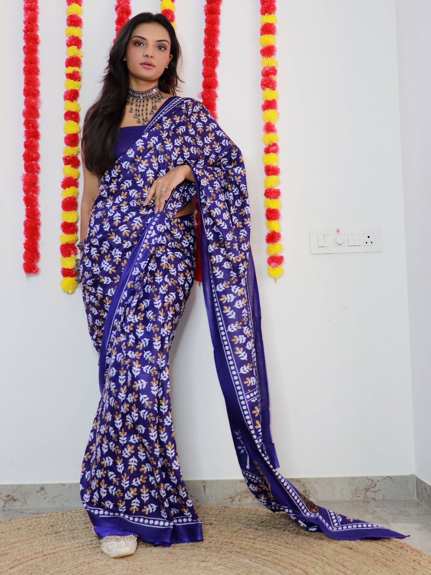 Women's Cotton Navy Blue Printed Designer Saree With Blouse Piece - Saree Mall