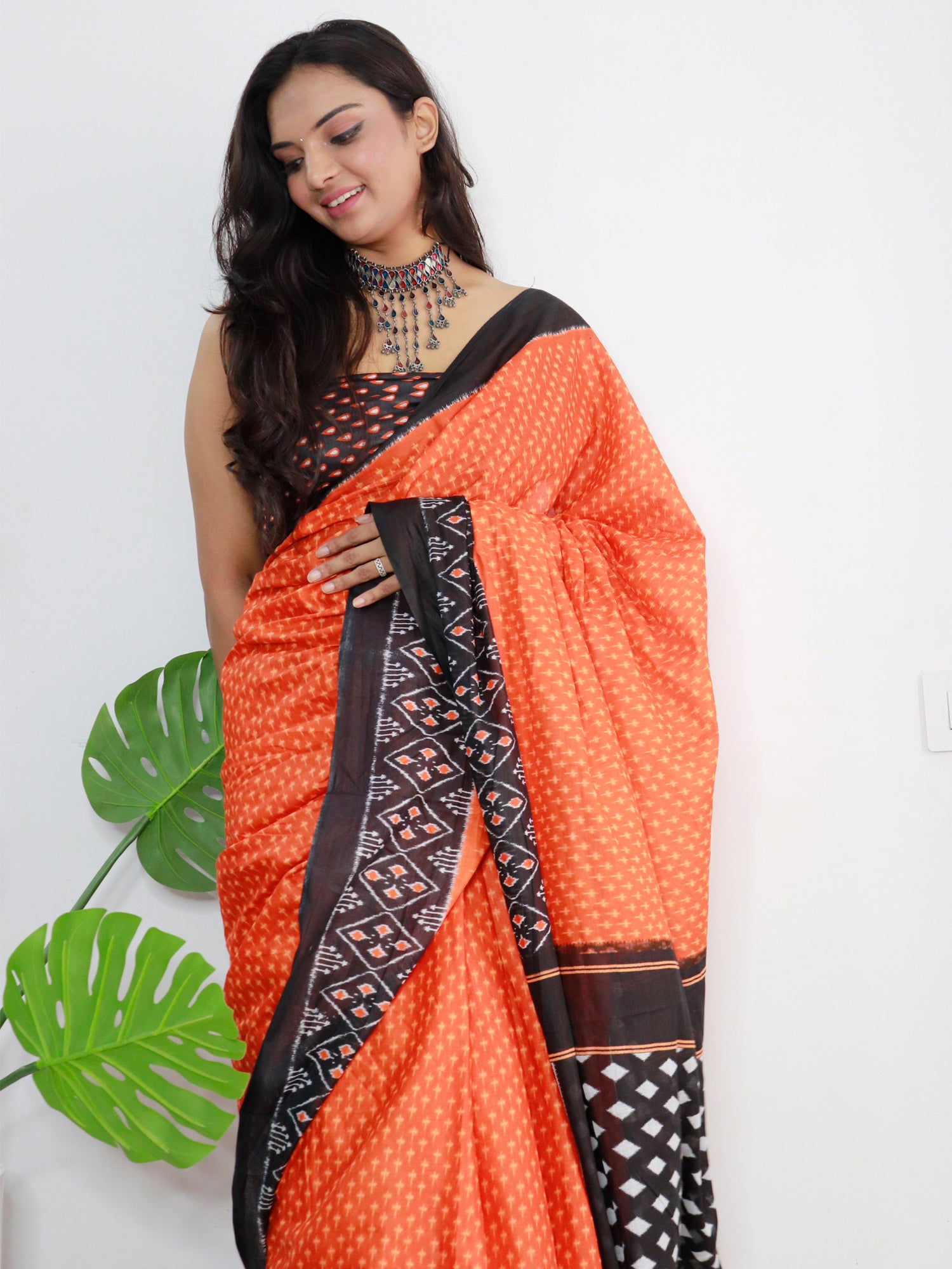 Women's Cotton Orange Printed Designer Saree With Blouse Piece - Saree Mall