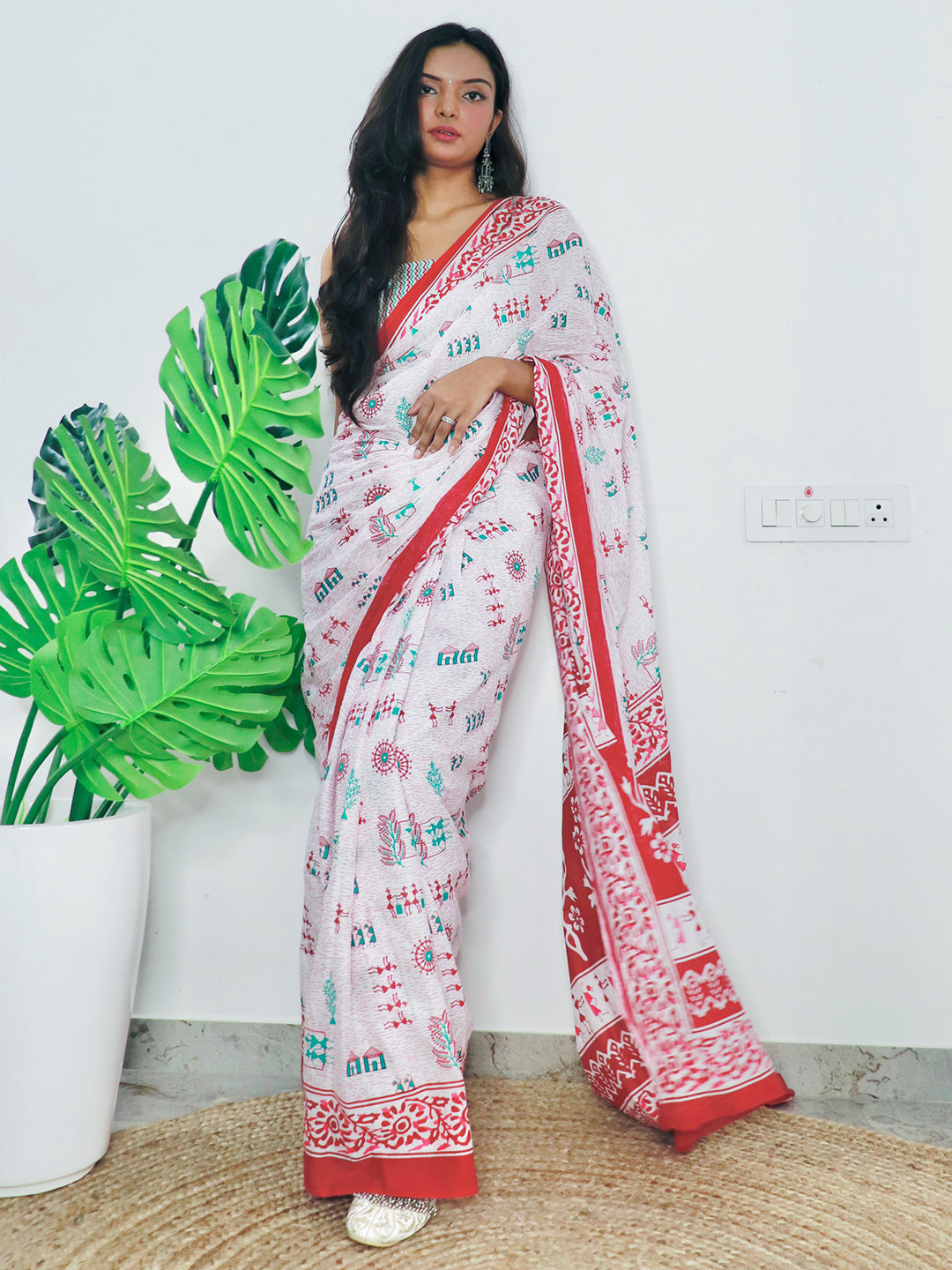 Women's Cotton White Printed Designer Saree With Blouse Piece - Saree Mall