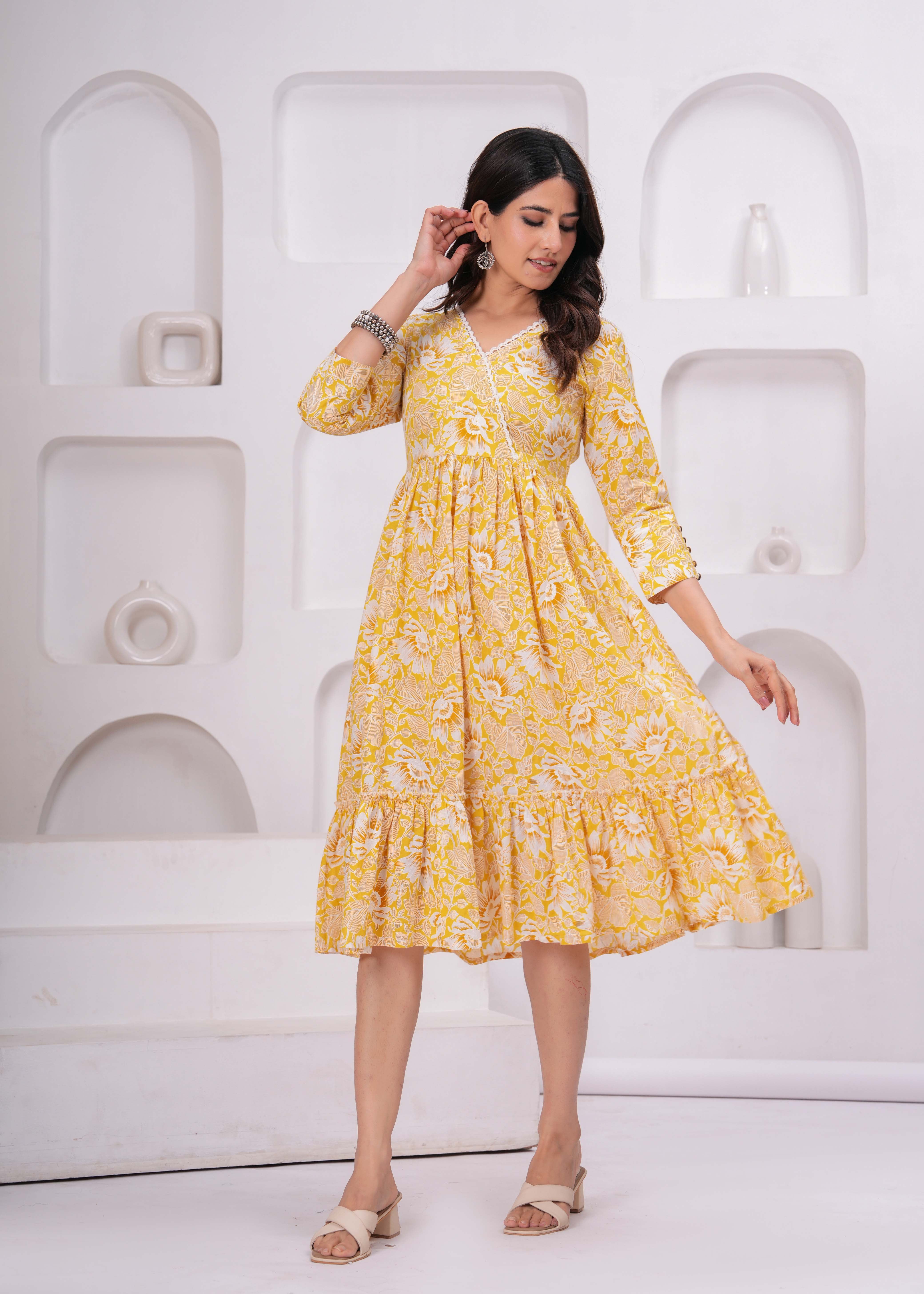 Women's Printed Yellow Pure Cotton Angrakha Ethnic Dress Yellow / XL
