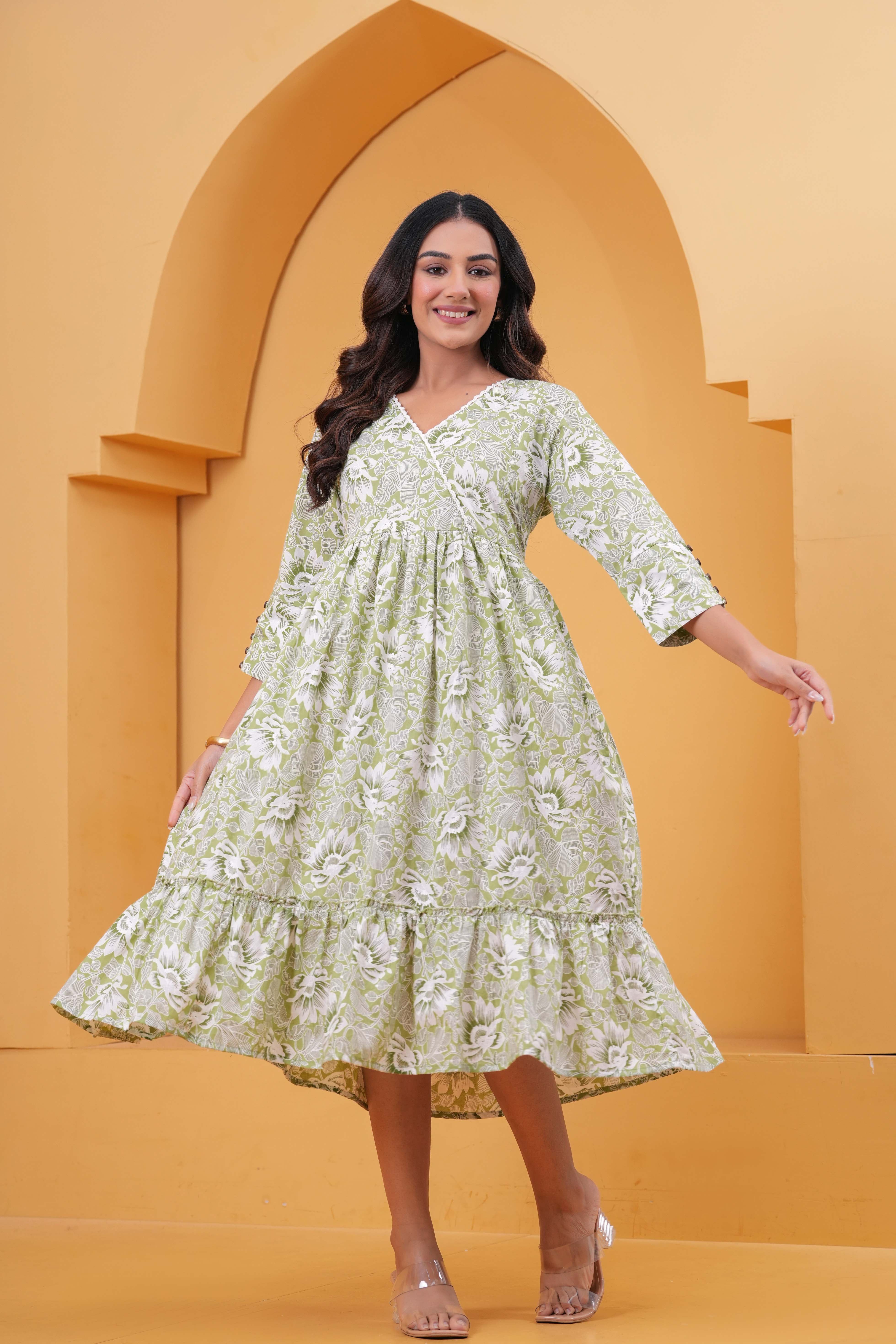 Women's Printed Green Pure Cotton Angrakha Ethnic Dress Green / XXL | Trendia Global Women's Printed Green Pure Cotton Angrakha Ethnic Dress Green / XXL | Trendia Global