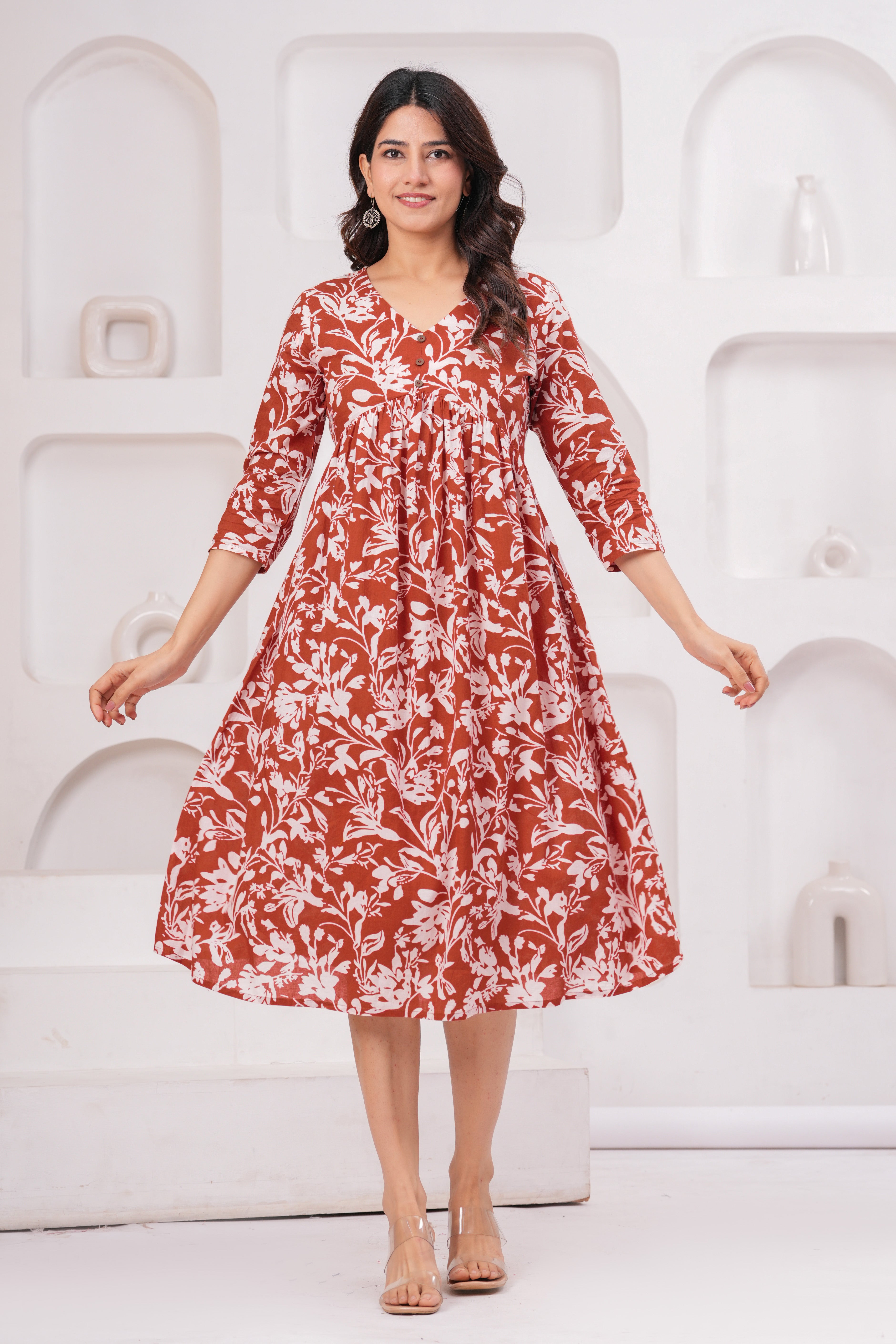 Women's Printed Brown Pure Cotton Regular Ethnic Dress