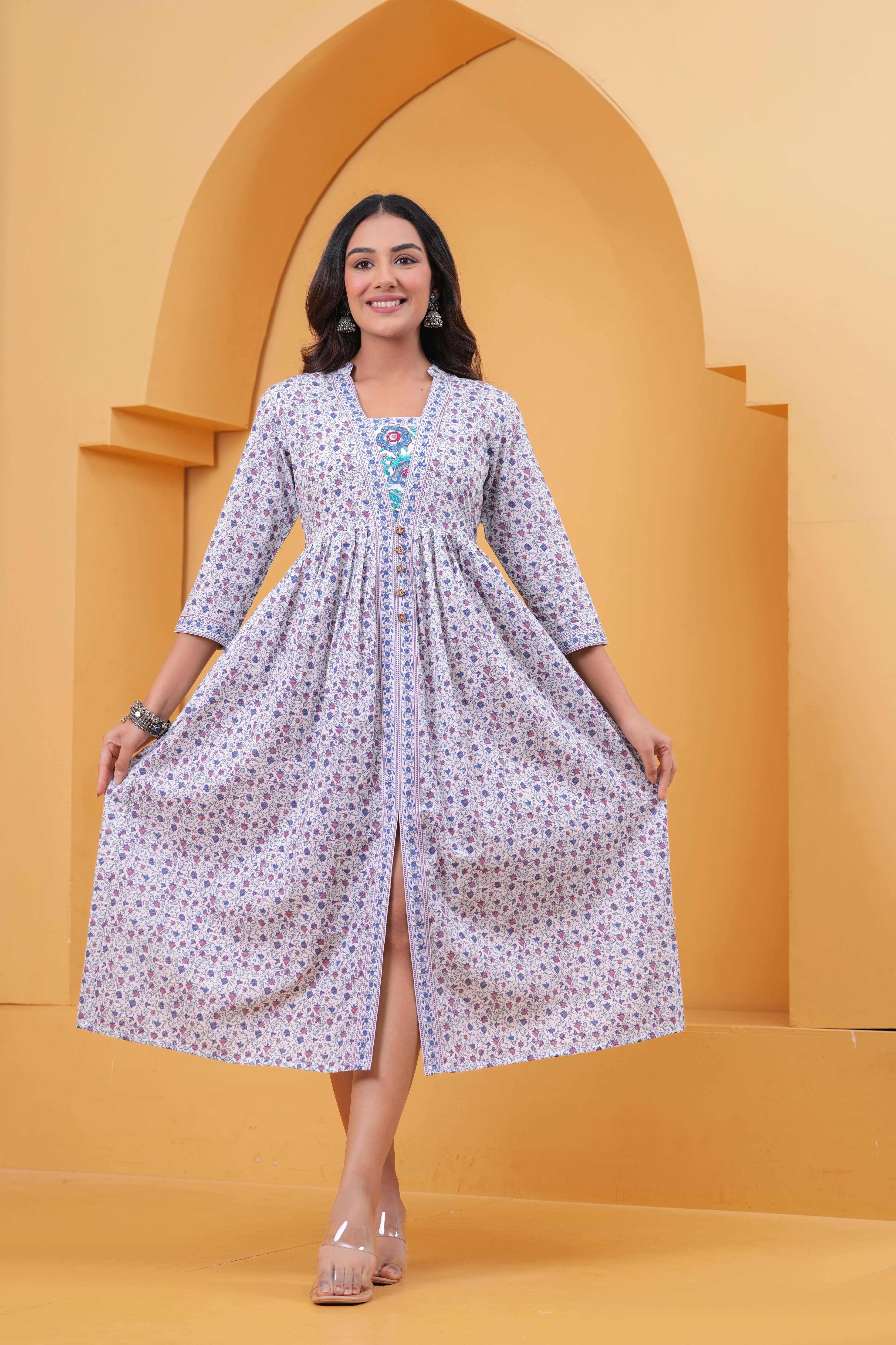 Women's Printed Multi Color Pure Cotton Regular Ethnic Dress White / M