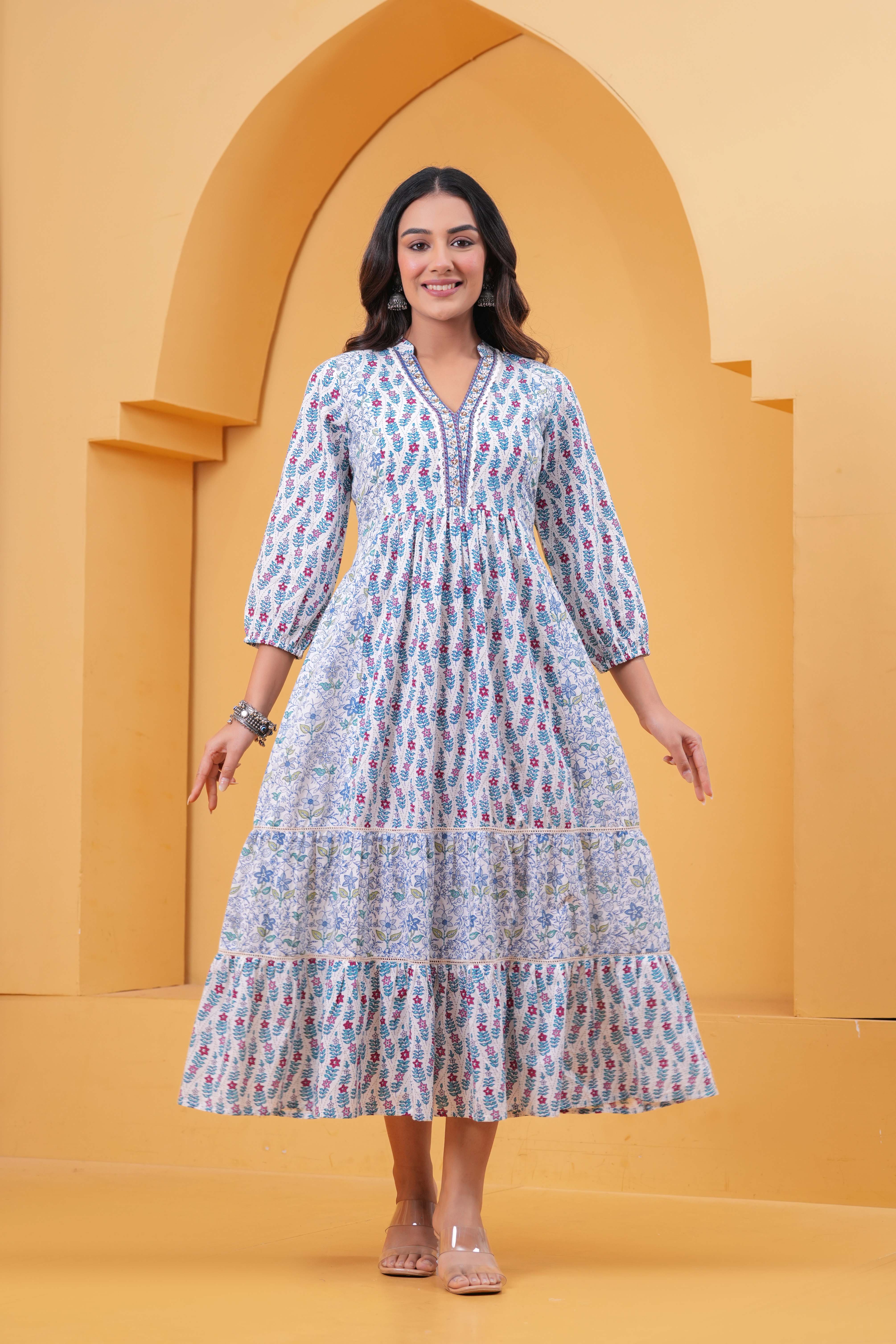 Women's Printed Multi Color Pure Cotton Regular Ethnic Dress White / XL
