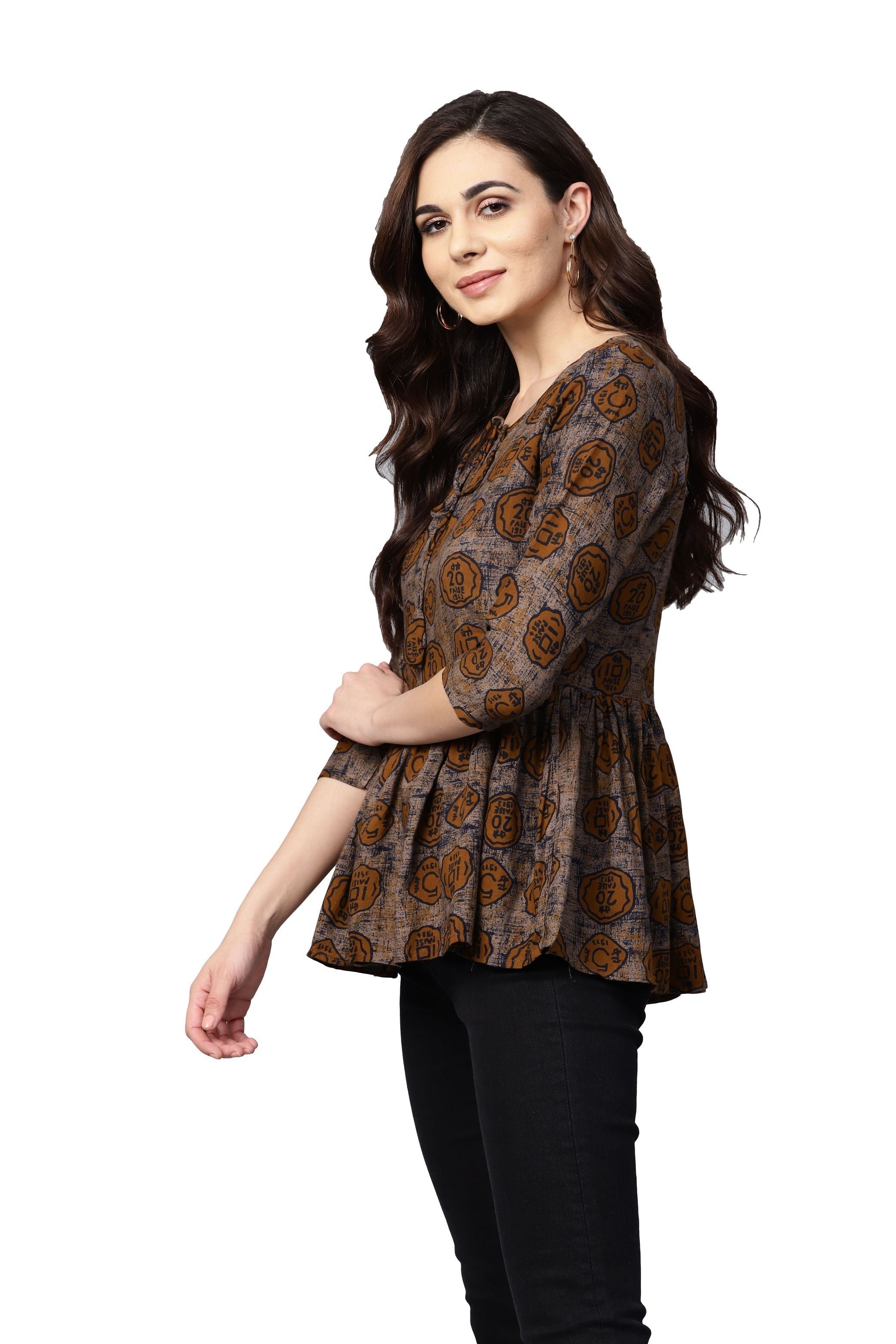 Women Brown Printed Top by (1 Pc Set) - Trend Matters