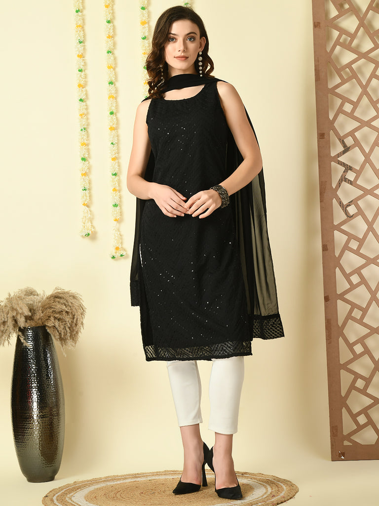 Black Georgette Sleeveless Straight Party  Kurta With Dupatta Set