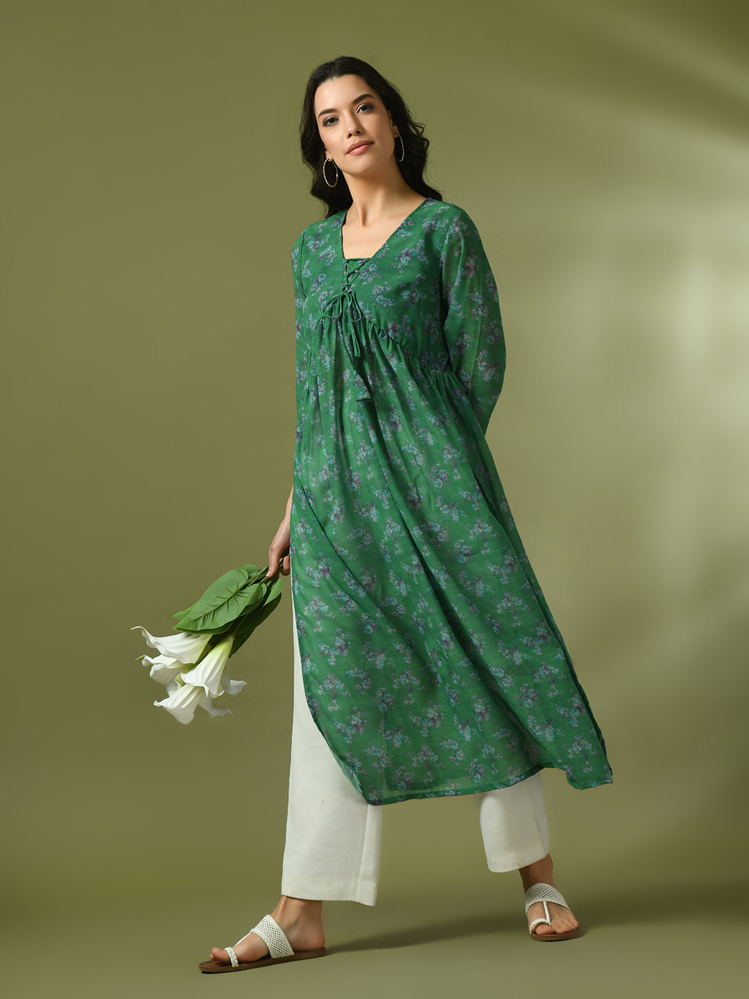 Women's  Green Printed Georgette A-Line Nyra-Cut Kurta  - Myshka