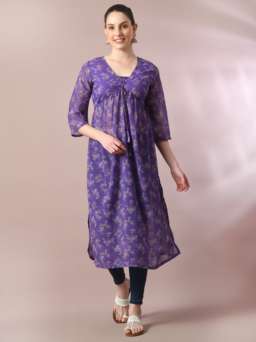 Women's  Purple Printed Georgette A-Line Nyra-Cut Kurta  - Myshka