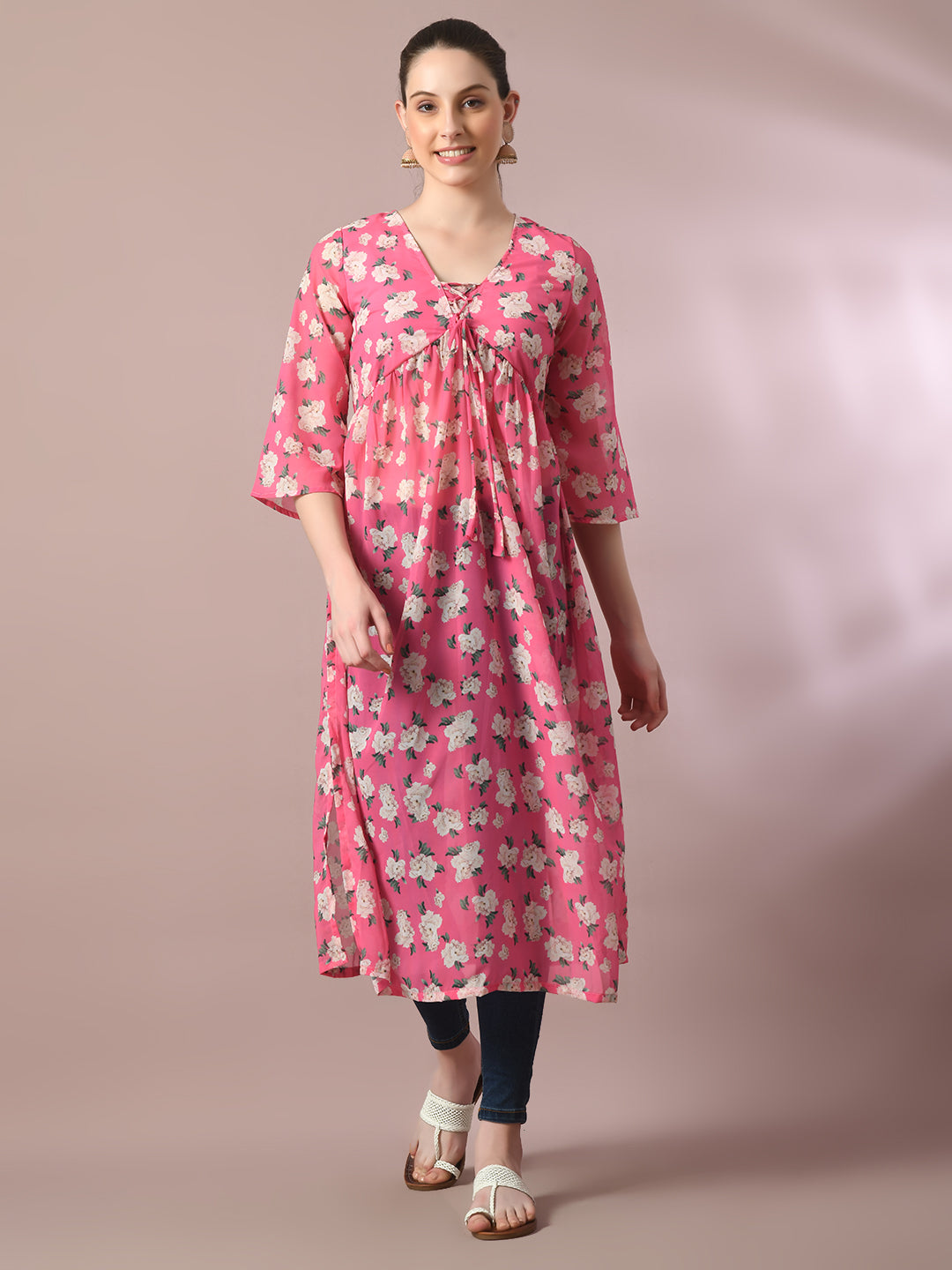 Women's  Pink Printed Georgette A-Line Nyra-Cut Kurta  - Myshka