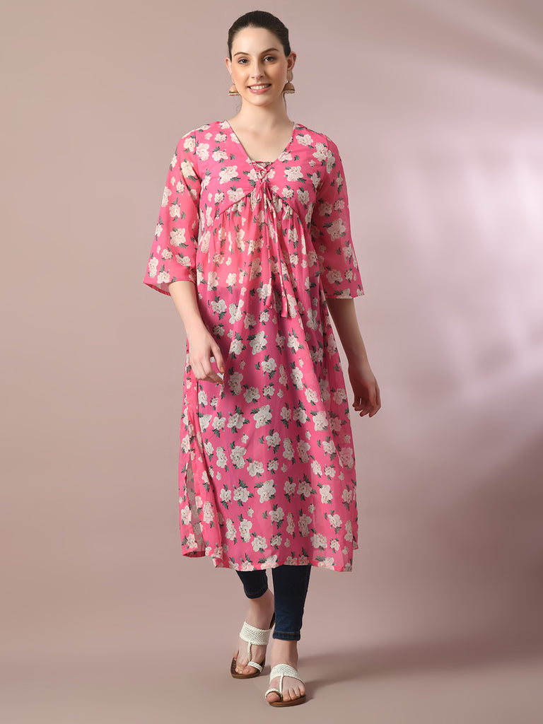 Women's  Pink Printed Georgette A-Line Nyra-Cut Kurta