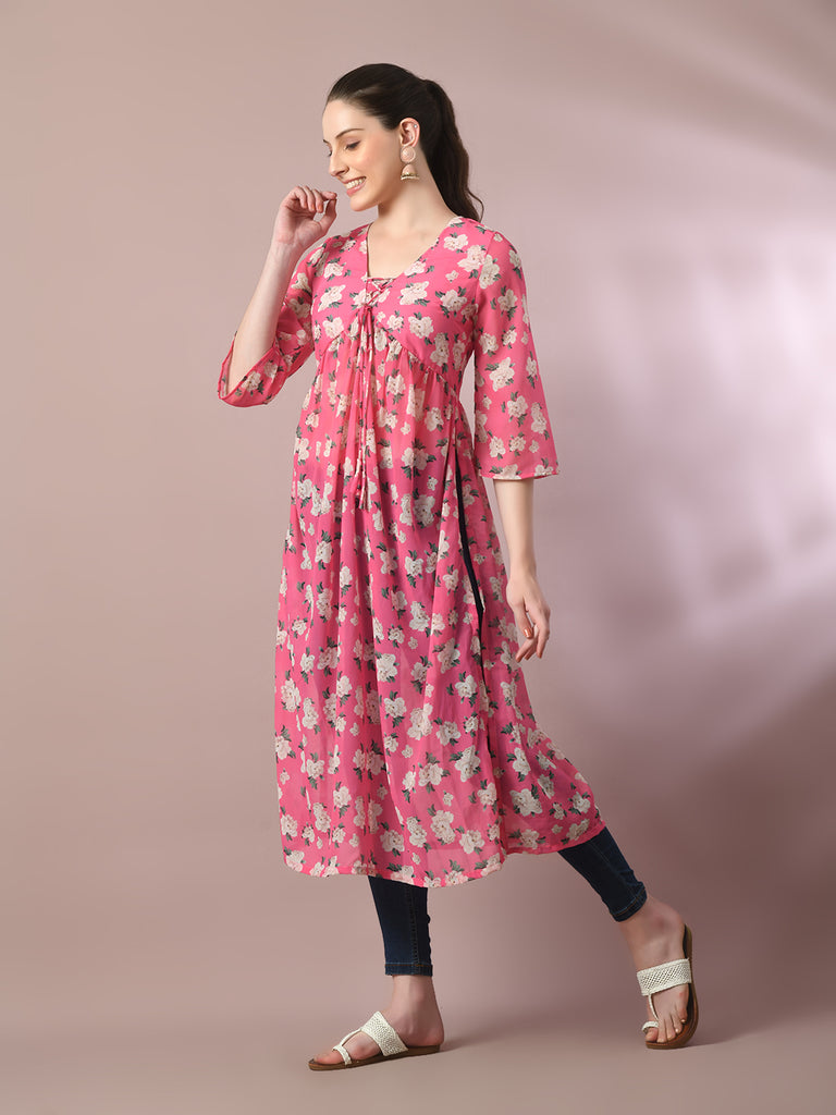 Women's  Pink Printed Georgette A-Line Nyra-Cut Kurta