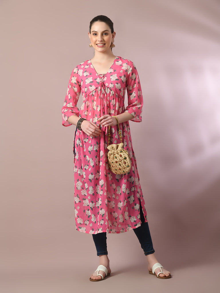 Women's  Pink Printed Georgette A-Line Nyra-Cut Kurta