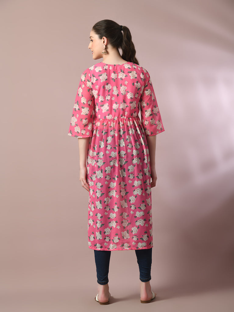 Women's  Pink Printed Georgette A-Line Nyra-Cut Kurta