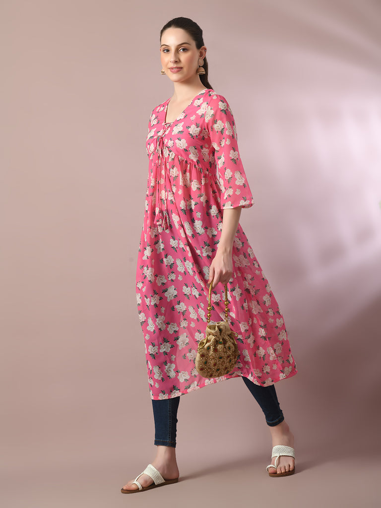 Women's  Pink Printed Georgette A-Line Nyra-Cut Kurta
