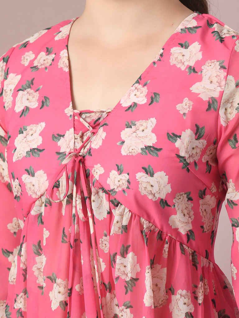 Women's  Pink Printed Georgette A-Line Nyra-Cut Kurta