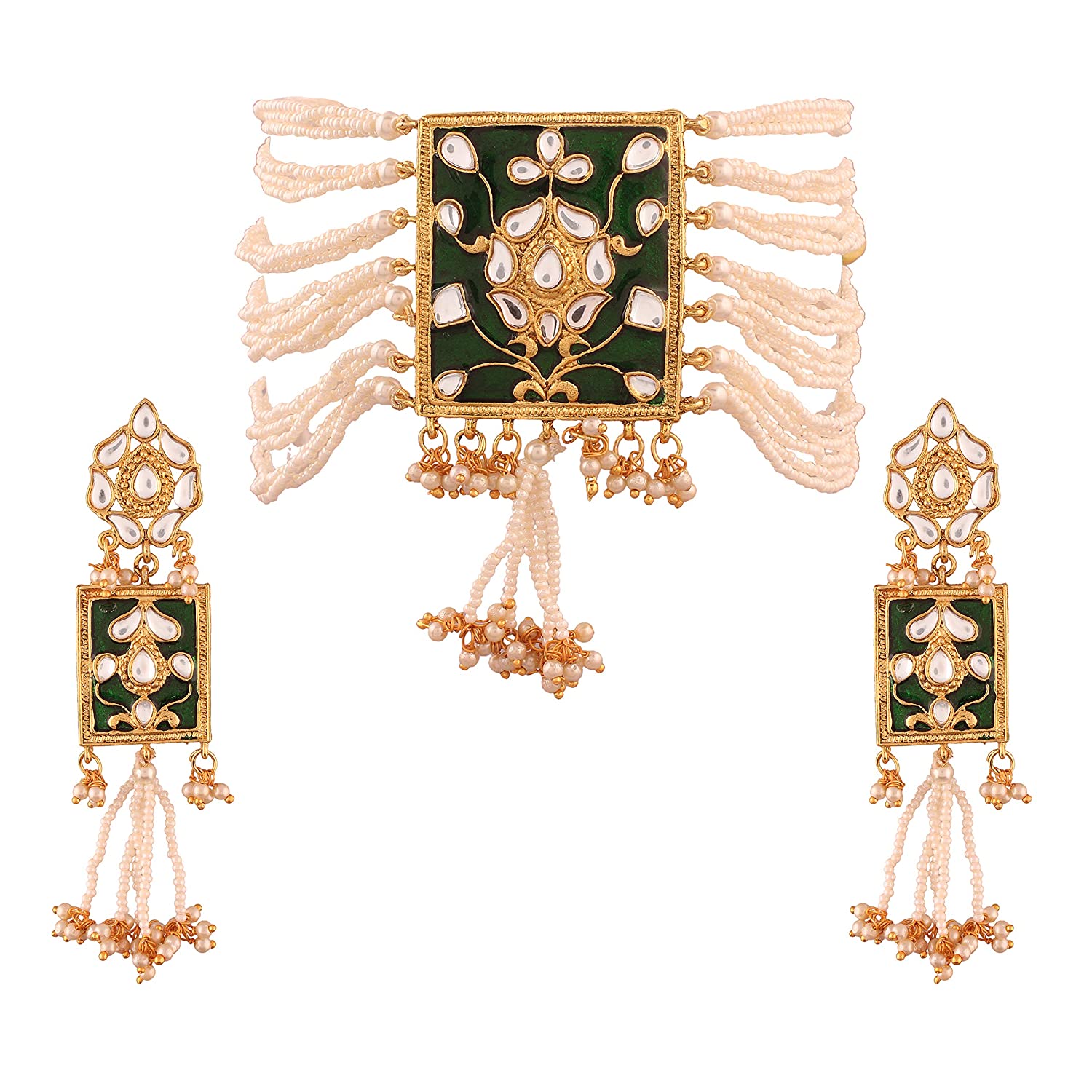 Women's gold plated traditiona padmavati pearl kundan necklace with earrings ml118bl