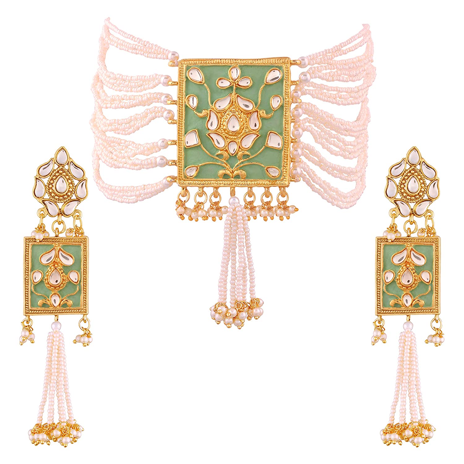 Women's gold plated traditiona padmavati pearl kundan necklace with earrings ml118bl