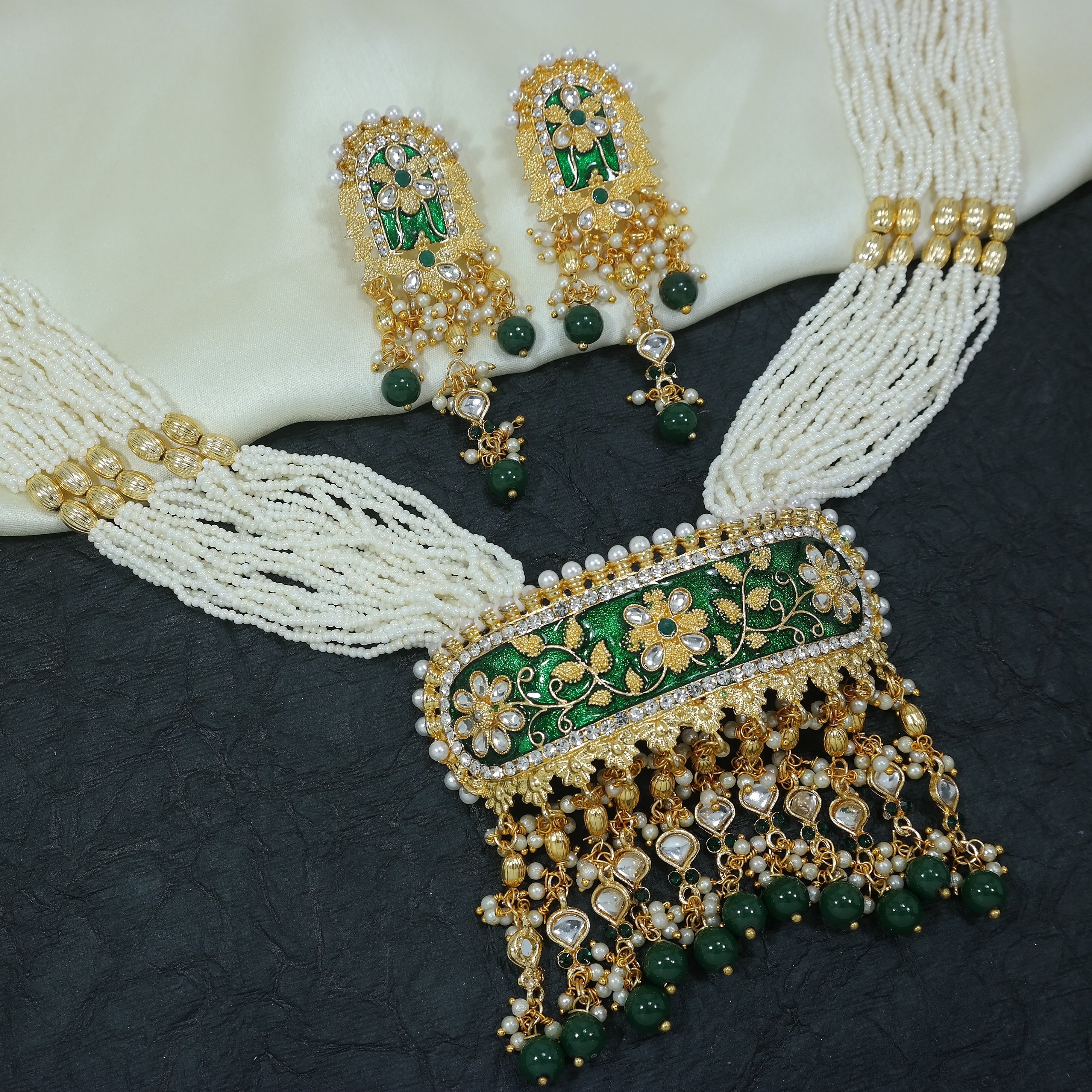 Women's traditional gold plated kundan pearl multi layered blue meena work longnecklace earrings set ml181bl