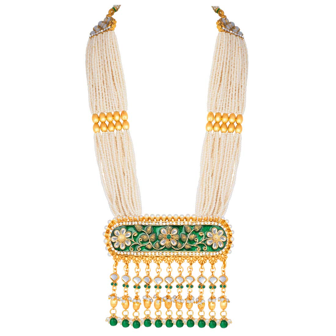 Women's traditional gold plated kundan pearl multi layered blue meena work longnecklace earrings set ml181bl