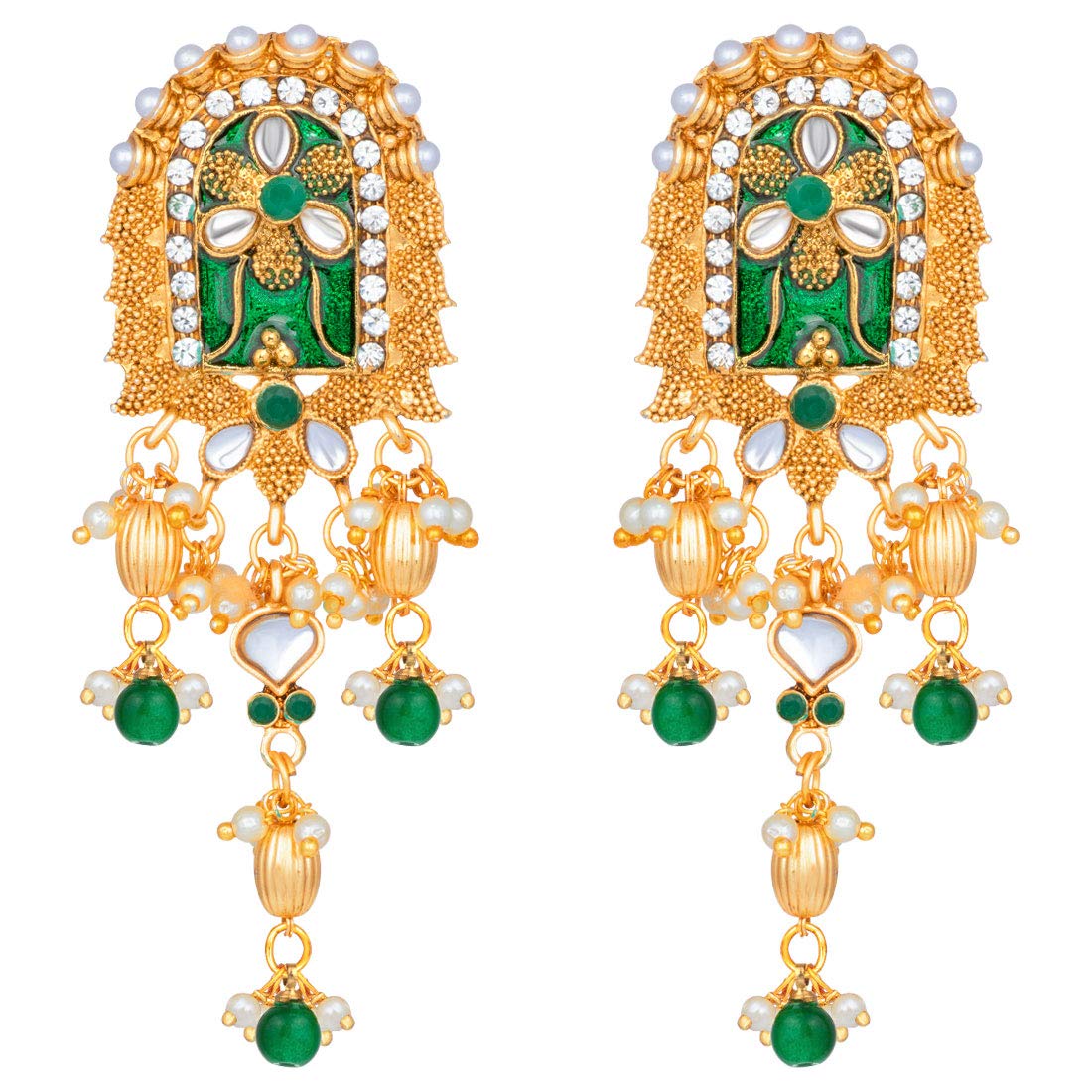 Women's traditional gold plated kundan pearl multi layered blue meena work longnecklace earrings set ml181bl