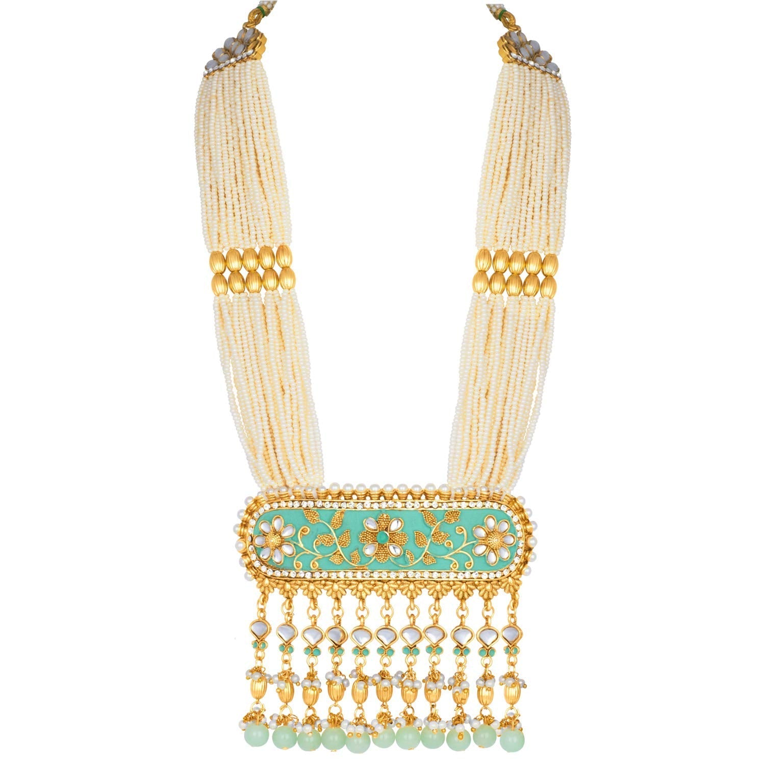 Women's traditional gold plated kundan pearl multi layered blue meena work longnecklace earrings set ml181bl