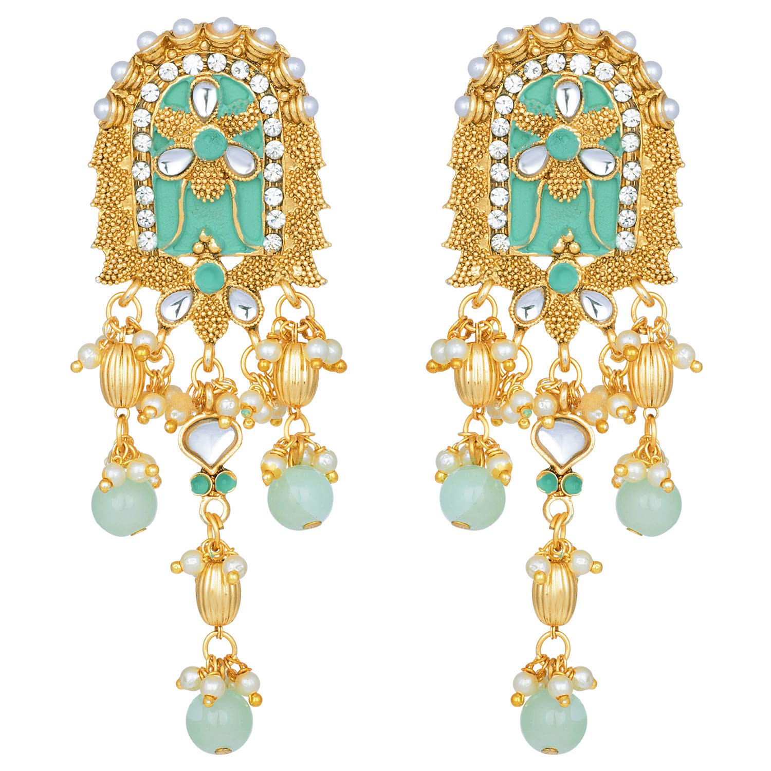Women's traditional gold plated kundan pearl multi layered blue meena work longnecklace earrings set ml181bl