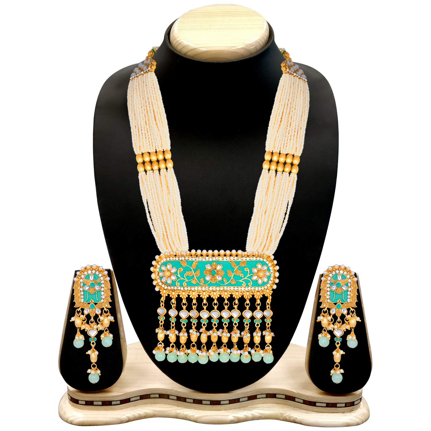 Women's traditional gold plated kundan pearl multi layered blue meena work longnecklace earrings set ml181bl