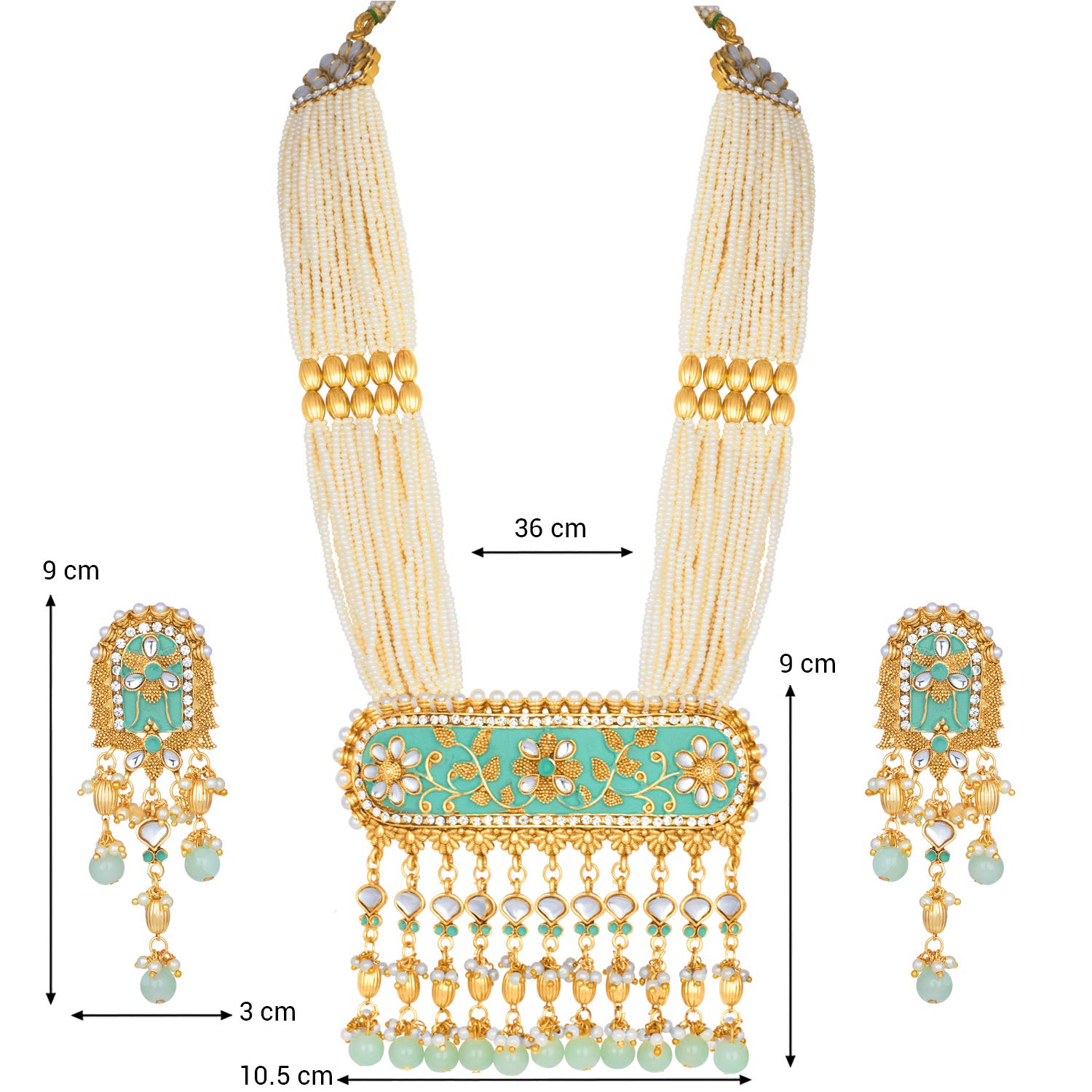 Women's traditional gold plated kundan pearl multi layered blue meena work longnecklace earrings set ml181bl