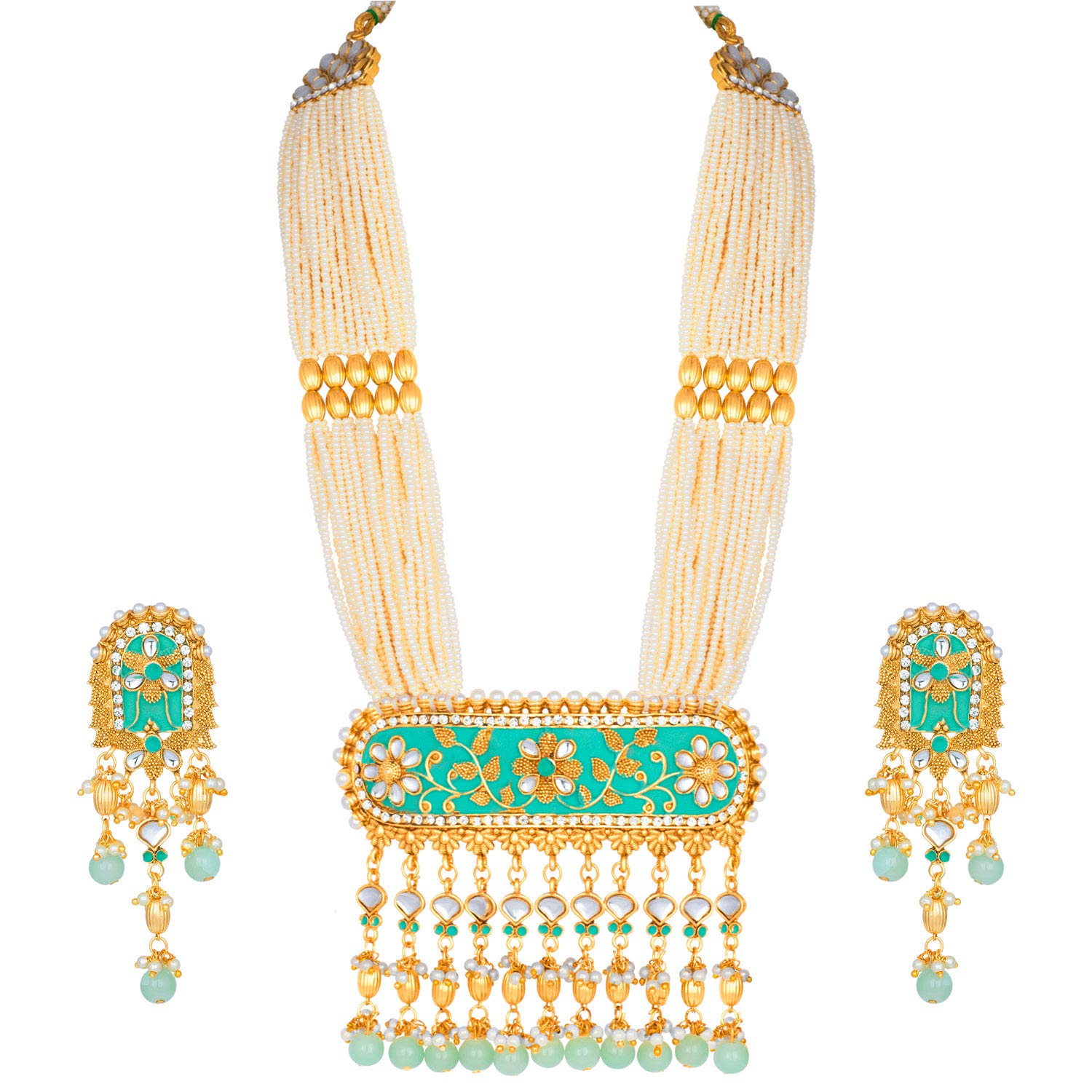 Women's traditional gold plated kundan pearl multi layered blue meena work longnecklace earrings set ml181bl