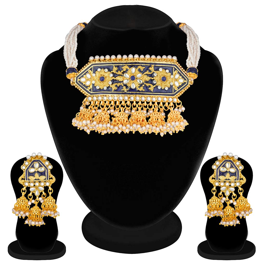 Women's traditiona lgold plated kundan pearl meena work choker jewellery set with jhumkis ml185g