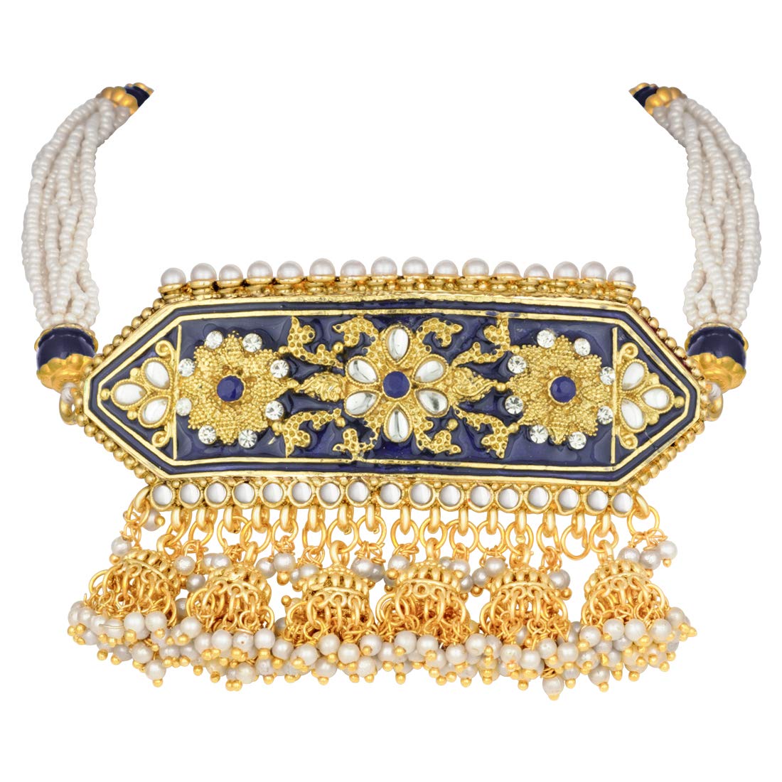 Women's traditiona lgold plated kundan pearl meena work choker jewellery set with jhumkis ml185g