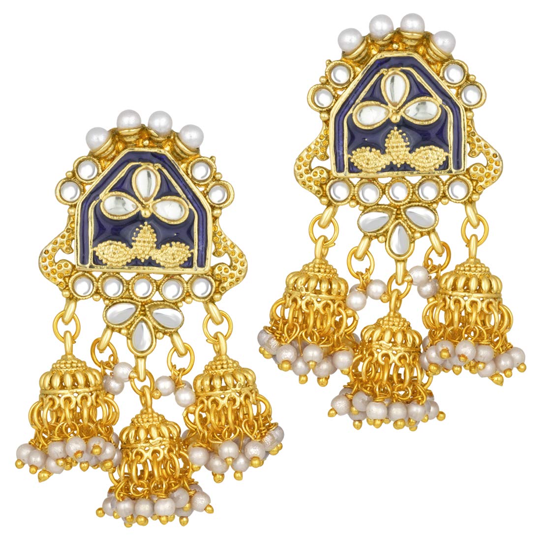 Women's traditiona lgold plated kundan pearl meena work choker jewellery set with jhumkis ml185g
